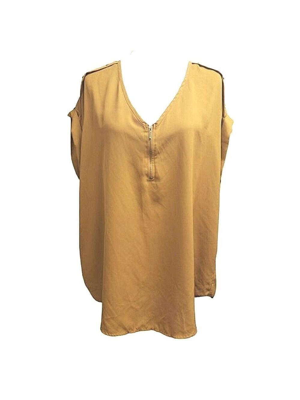Speed Limit MPH Blouse Cuffef Cap Sleeves V-Neck 1/4 Zipper Dark Gold/Brown 2X